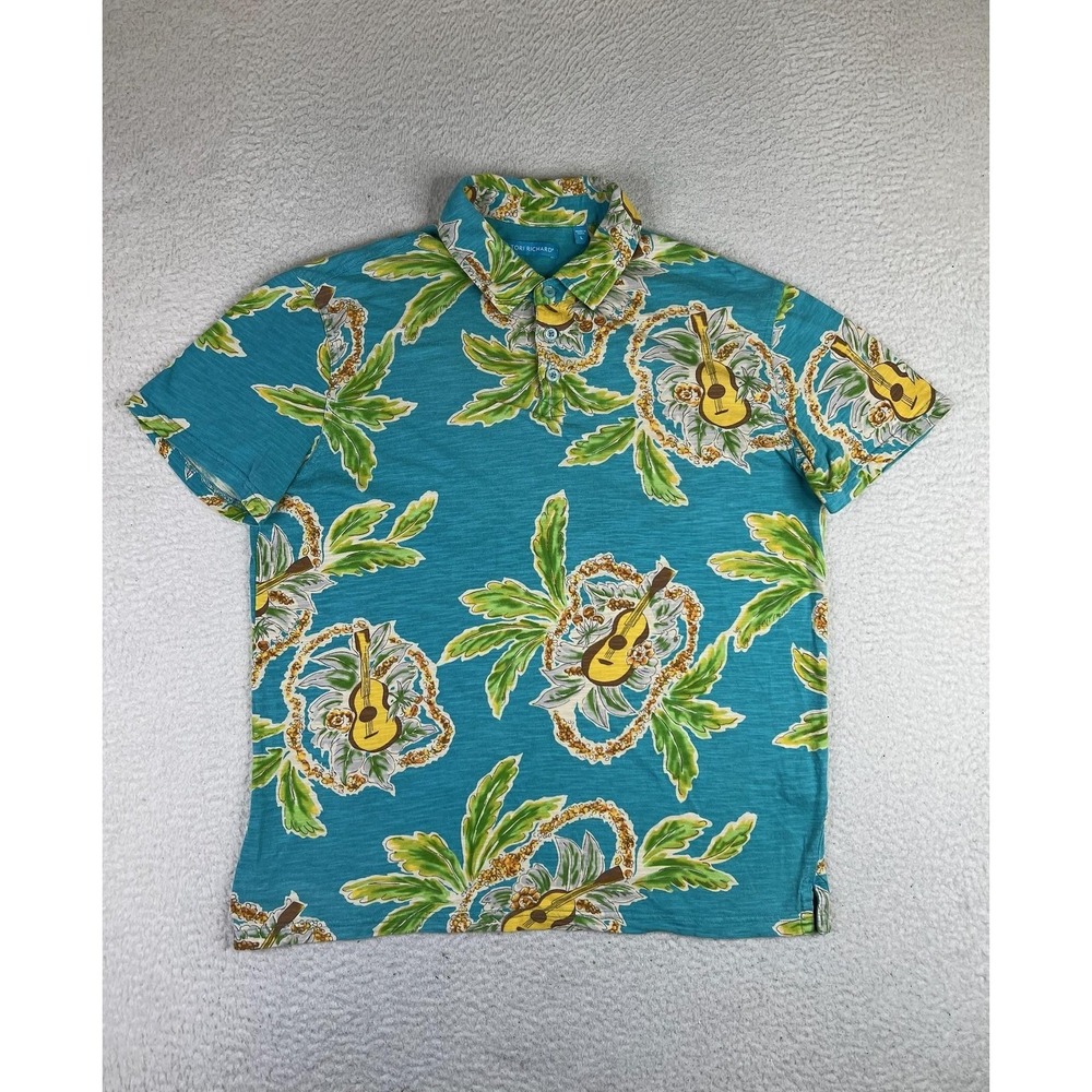 Tori Richard Mens Large Blue Hawaiian Guitar Floral Cotton Tropical Polo Shirt